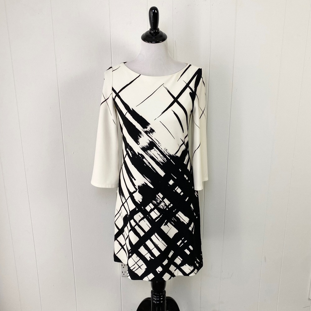 Cache Ivory Black Abstract Print Sheath Dress Size Small 4 NWT Zip Back Y2K